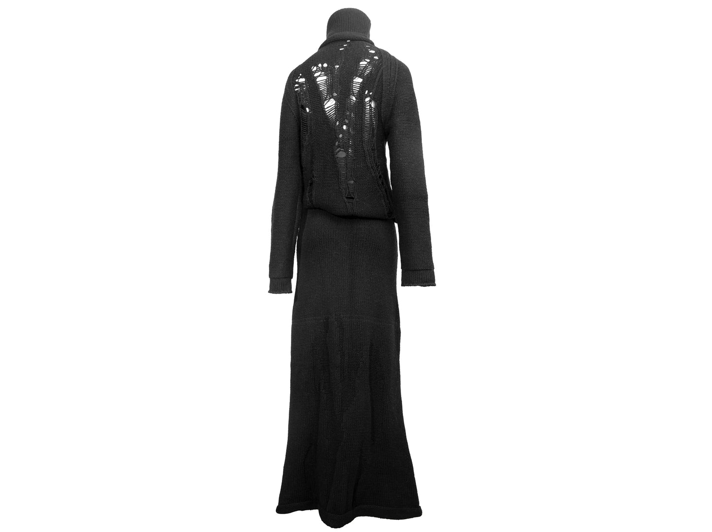 Hache black merino wool two piece chunky ladder knit set / Turtleneck deconstructed knit sweater + maxi knit skirt set / Made in Italy