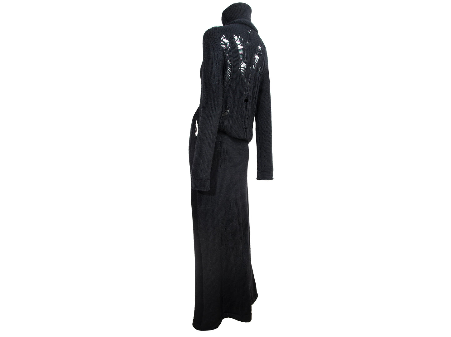 Hache black merino wool two piece chunky ladder knit set / Turtleneck deconstructed knit sweater + maxi knit skirt set / Made in Italy