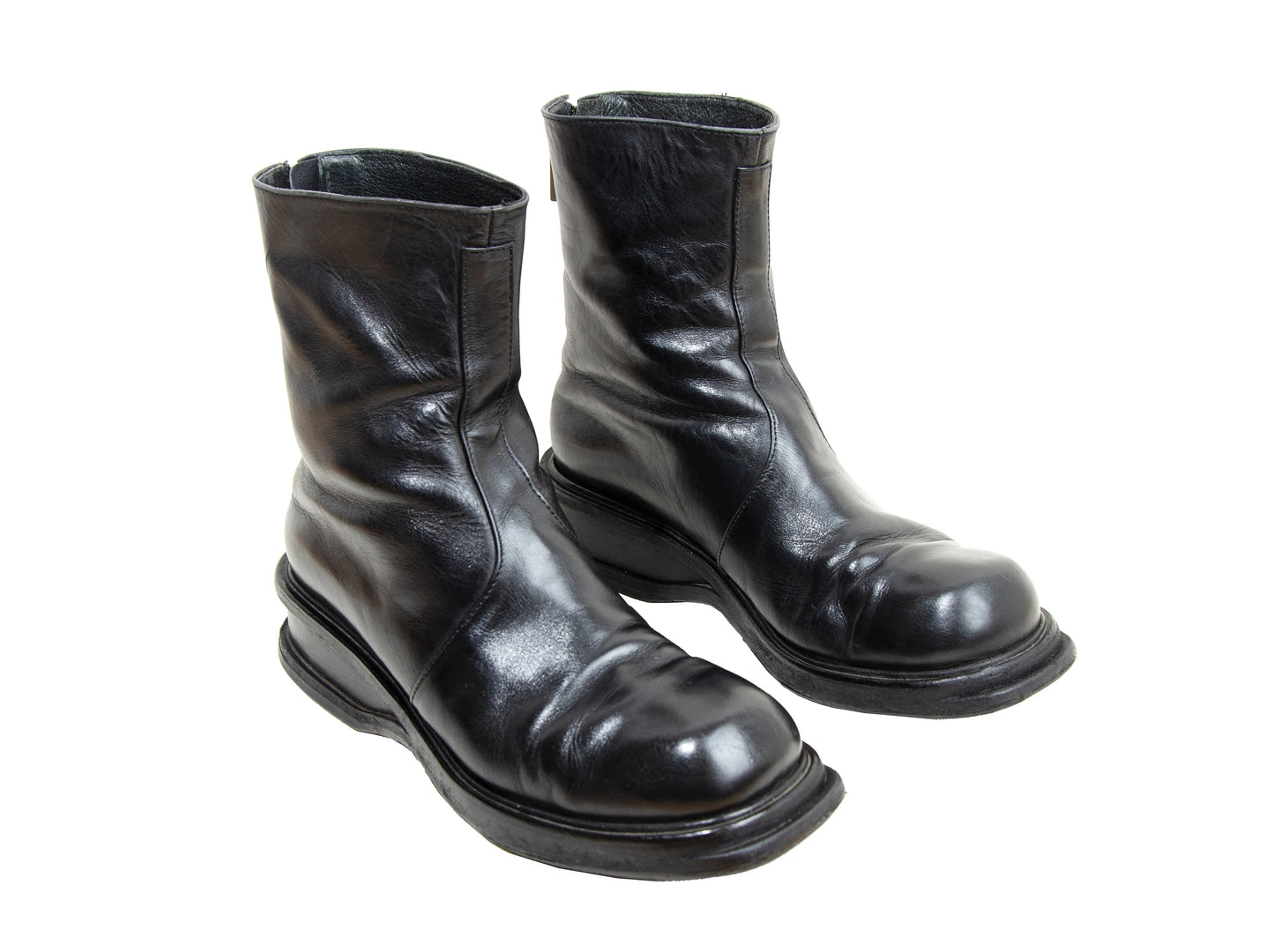 1990s archive Dirk Bikkembergs black leather back zip ankle boots / Wedge platform mountaineering boots / Dirk Bikkembergs ski boots