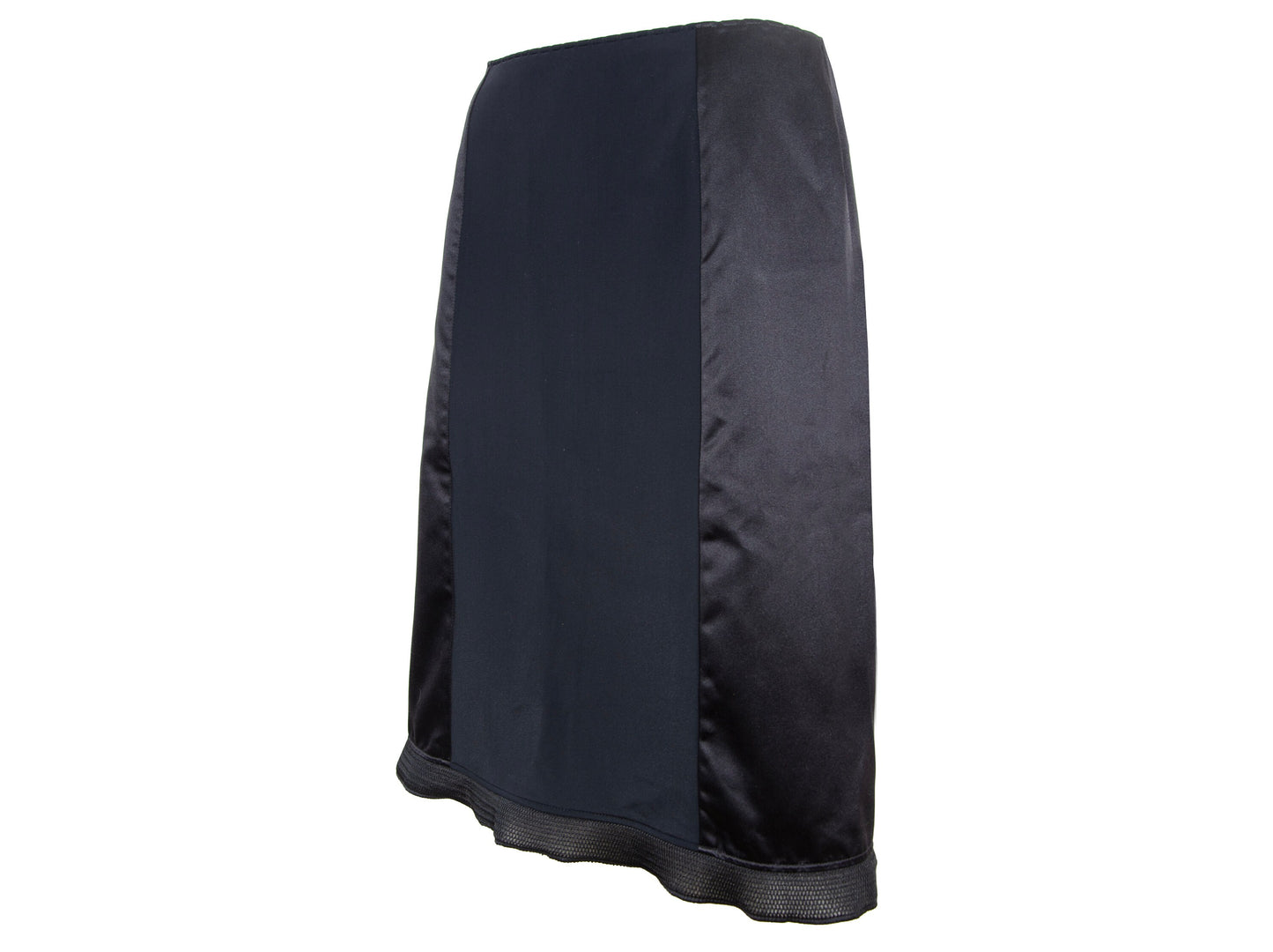 1999 Miu Miu technical silk satin and neoprene black skirt / 90s Miu Miu black silk mesh trim midi skirt / Made in Italy