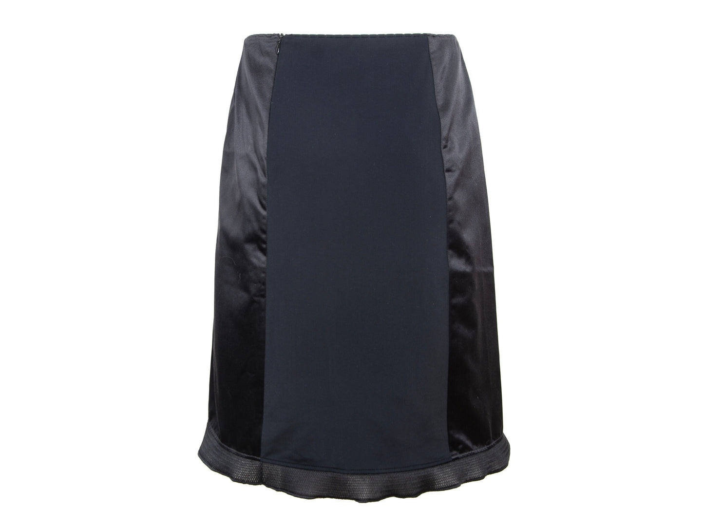 1999 Miu Miu technical silk satin and neoprene black skirt / 90s Miu Miu black silk mesh trim midi skirt / Made in Italy