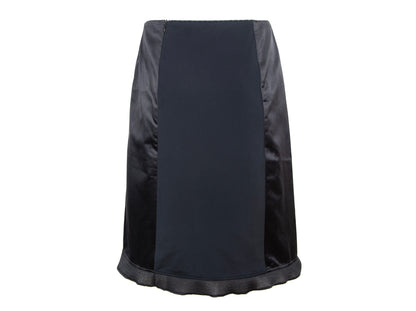 1999 Miu Miu technical silk satin and neoprene black skirt / 90s Miu Miu black silk mesh trim midi skirt / Made in Italy