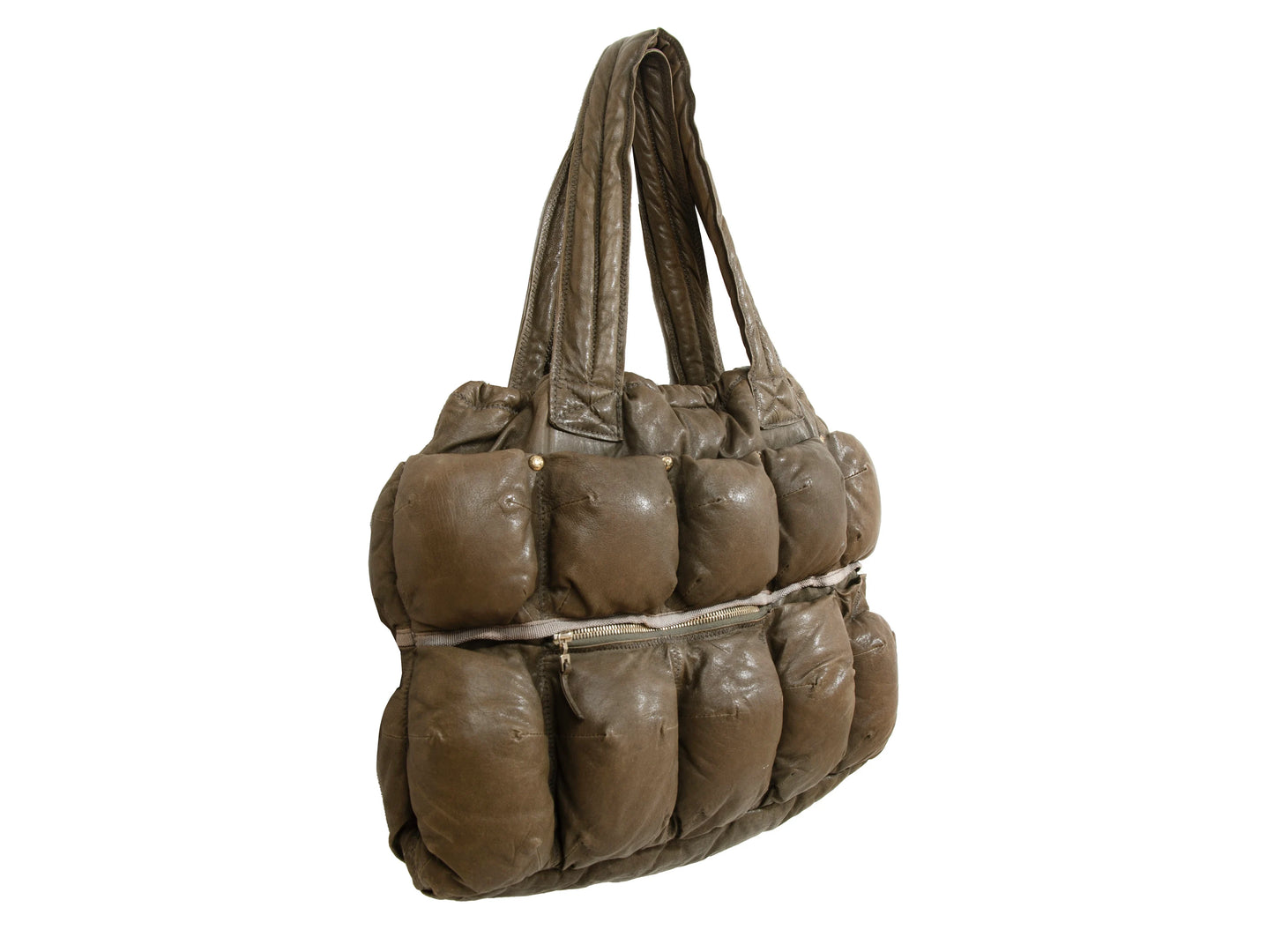 Marithé + François Girbaud Pokachu padded leather bag / Girbaud brown leather puffer tote bag