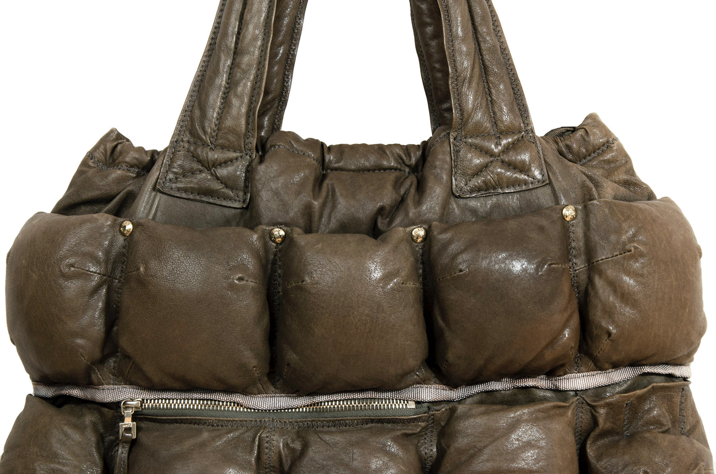 Marithé + François Girbaud Pokachu padded leather bag / Girbaud brown leather puffer tote bag