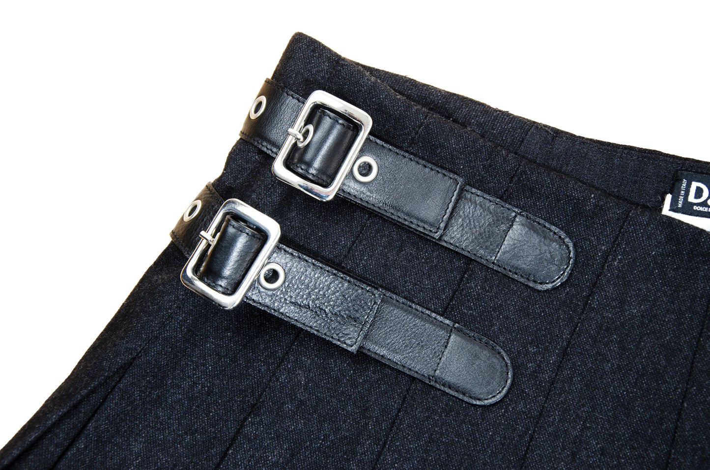 90s Dolce & Gabbana charcoal grey wool mini pleated skirt / Black leather buckles dark grey woolen over the knee skirt / Made in Italy