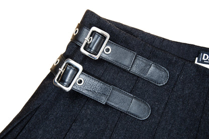 90s Dolce & Gabbana charcoal grey wool mini pleated skirt / Black leather buckles dark grey woolen over the knee skirt / Made in Italy