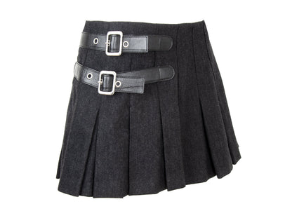 90s Dolce & Gabbana charcoal grey wool mini pleated skirt / Black leather buckles dark grey woolen over the knee skirt / Made in Italy