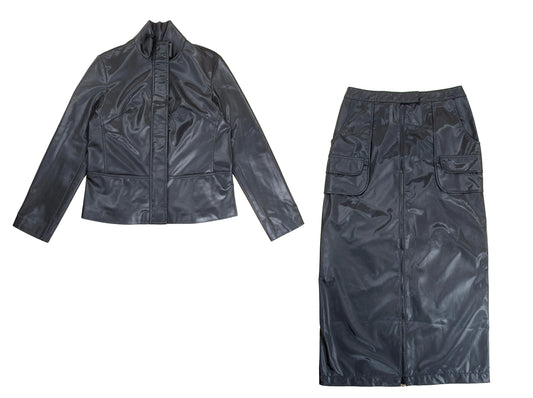 Vintage Plein Sud black technical nylon two piece set / Plein Sud funnel neck jacket + maxi zip front skirt set / Made in France