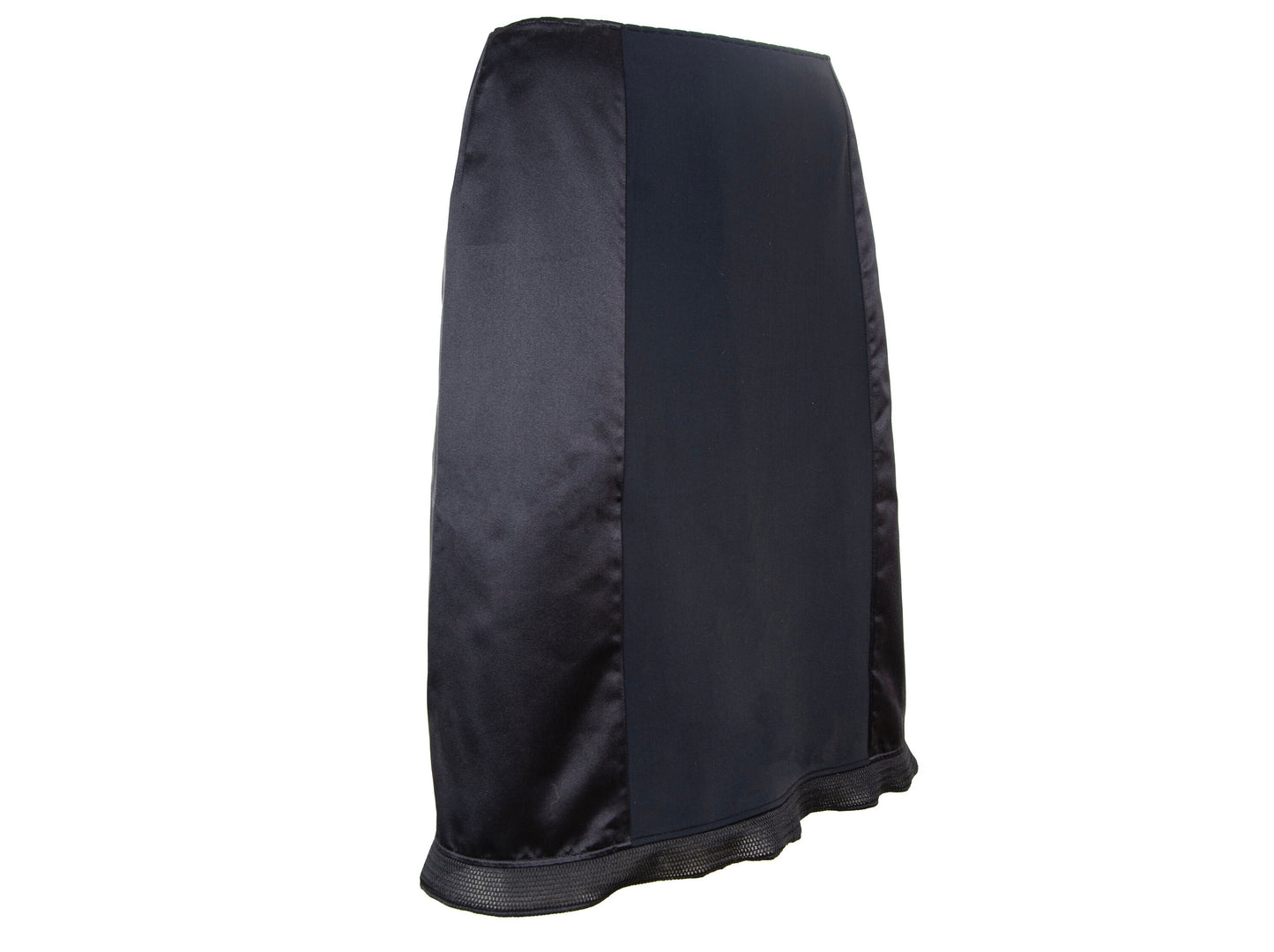 1999 Miu Miu technical silk satin and neoprene black skirt / 90s Miu Miu black silk mesh trim midi skirt / Made in Italy