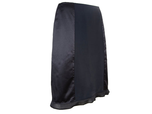 1999 Miu Miu technical silk satin and neoprene black skirt / 90s Miu Miu black silk mesh trim midi skirt / Made in Italy