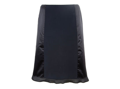 1999 Miu Miu technical silk satin and neoprene black skirt / 90s Miu Miu black silk mesh trim midi skirt / Made in Italy