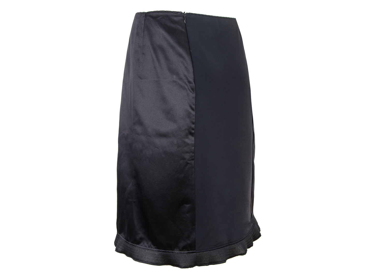 1999 Miu Miu technical silk satin and neoprene black skirt / 90s Miu Miu black silk mesh trim midi skirt / Made in Italy