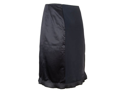 1999 Miu Miu technical silk satin and neoprene black skirt / 90s Miu Miu black silk mesh trim midi skirt / Made in Italy