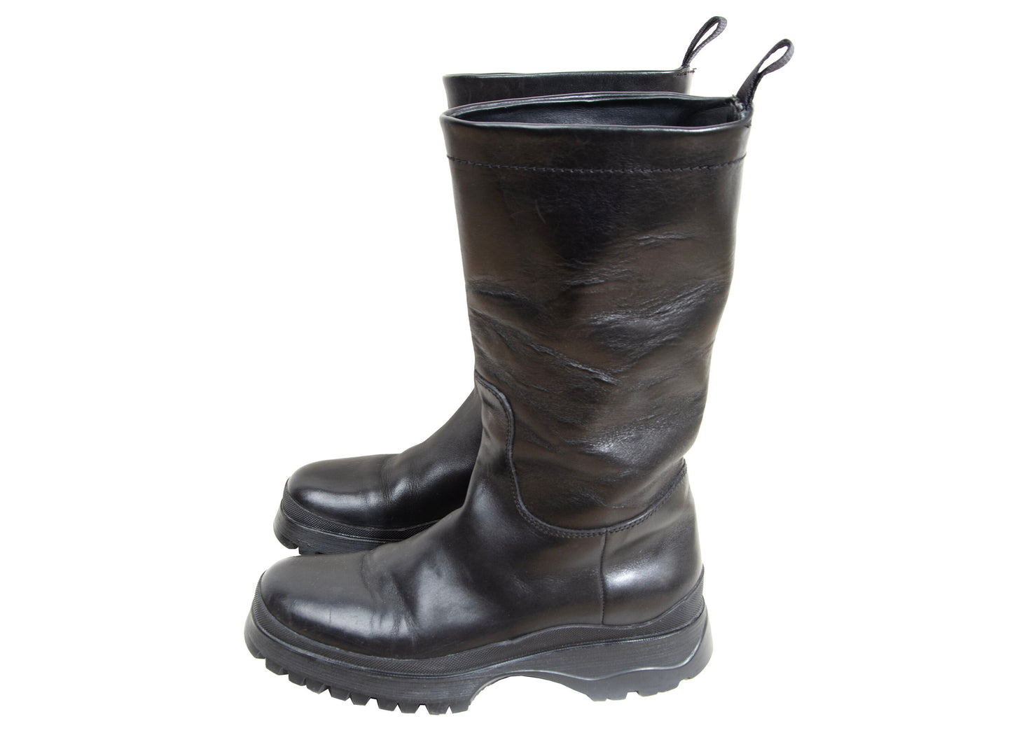 Prada black leather chunky lug sole boots / Prada minimalist chunky track sole combat boots / Prada sport Linea Rossa Vibram boots