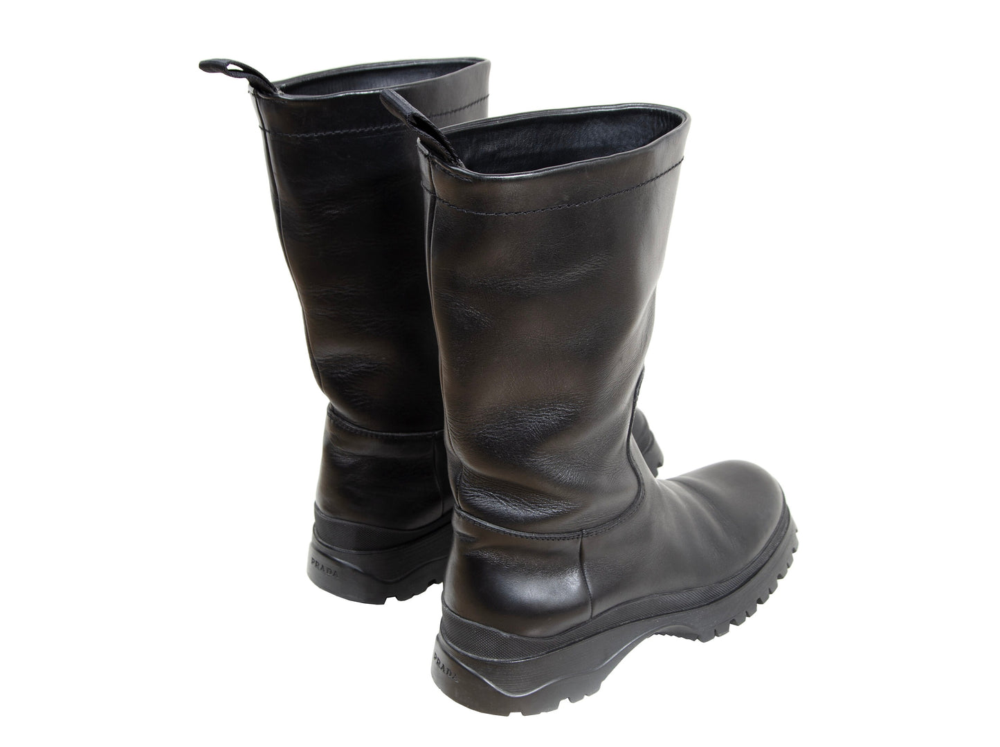 Prada black leather chunky lug sole boots / Prada minimalist chunky track sole combat boots / Prada sport Linea Rossa Vibram boots