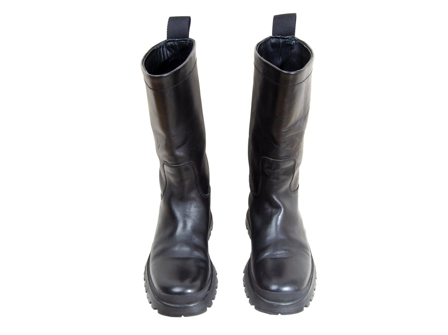 Prada black leather chunky lug sole boots / Prada minimalist chunky track sole combat boots / Prada sport Linea Rossa Vibram boots