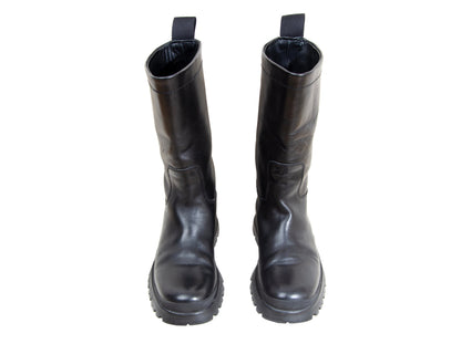 Prada black leather chunky lug sole boots / Prada minimalist chunky track sole combat boots / Prada sport Linea Rossa Vibram boots