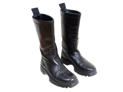 Prada black leather chunky lug sole boots / Prada minimalist chunky track sole combat boots / Prada sport Linea Rossa Vibram boots