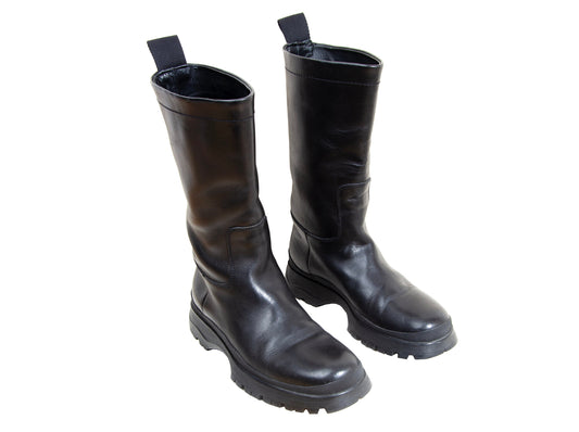 Prada black leather chunky lug sole boots / Prada minimalist chunky track sole combat boots / Prada sport Linea Rossa Vibram boots