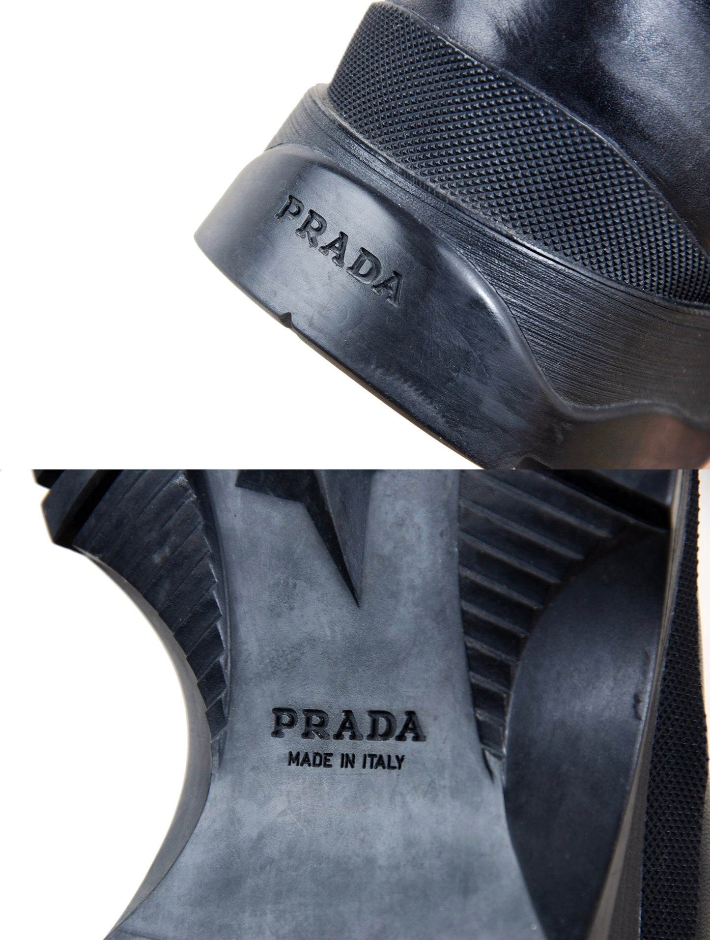 Prada black leather chunky lug sole boots / Prada minimalist chunky track sole combat boots / Prada sport Linea Rossa Vibram boots