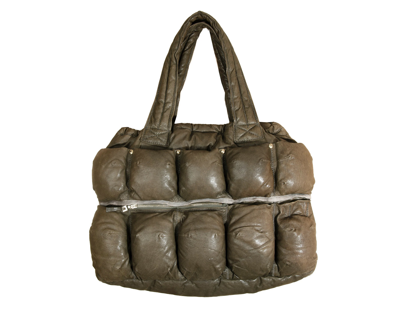 Marithé + François Girbaud Pokachu padded leather bag / Girbaud brown leather puffer tote bag