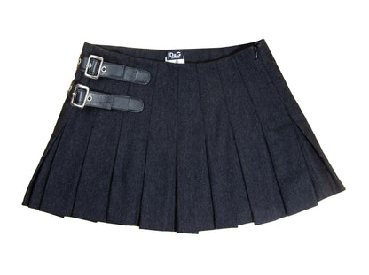 90s Dolce & Gabbana charcoal grey wool mini pleated skirt / Black leather buckles dark grey woolen over the knee skirt / Made in Italy