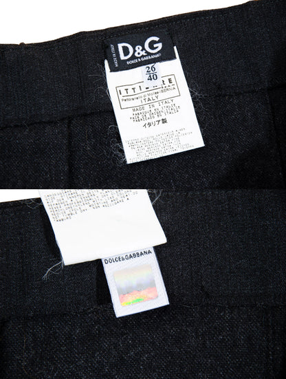 90s Dolce & Gabbana charcoal grey wool mini pleated skirt / Black leather buckles dark grey woolen over the knee skirt / Made in Italy