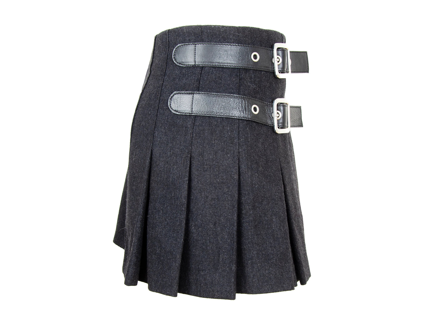 90s Dolce & Gabbana charcoal grey wool mini pleated skirt / Black leather buckles dark grey woolen over the knee skirt / Made in Italy