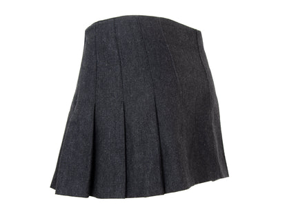 90s Dolce & Gabbana charcoal grey wool mini pleated skirt / Black leather buckles dark grey woolen over the knee skirt / Made in Italy