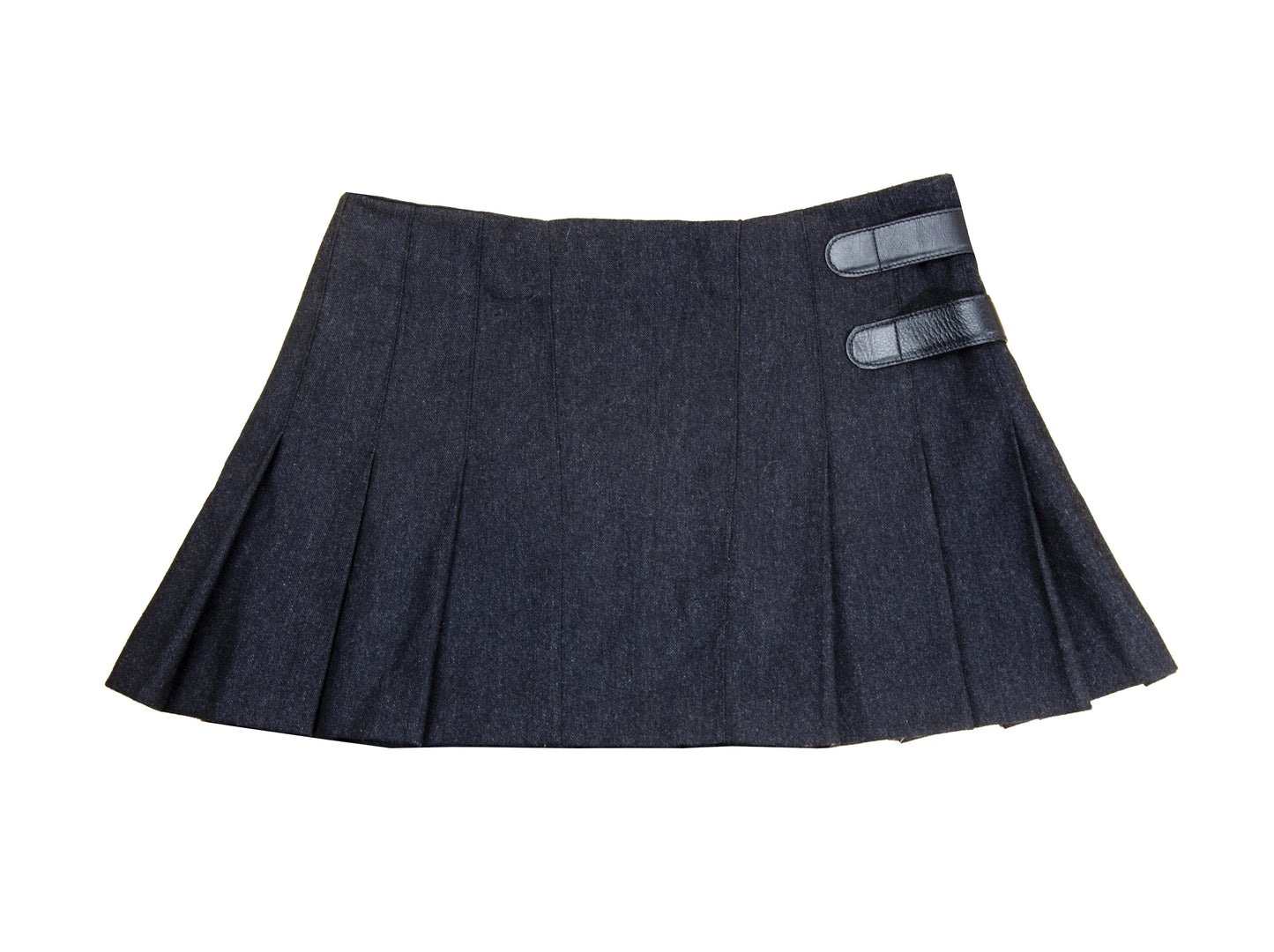 90s Dolce & Gabbana charcoal grey wool mini pleated skirt / Black leather buckles dark grey woolen over the knee skirt / Made in Italy
