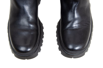 Prada black leather chunky lug sole boots / Prada minimalist chunky track sole combat boots / Prada sport Linea Rossa Vibram boots