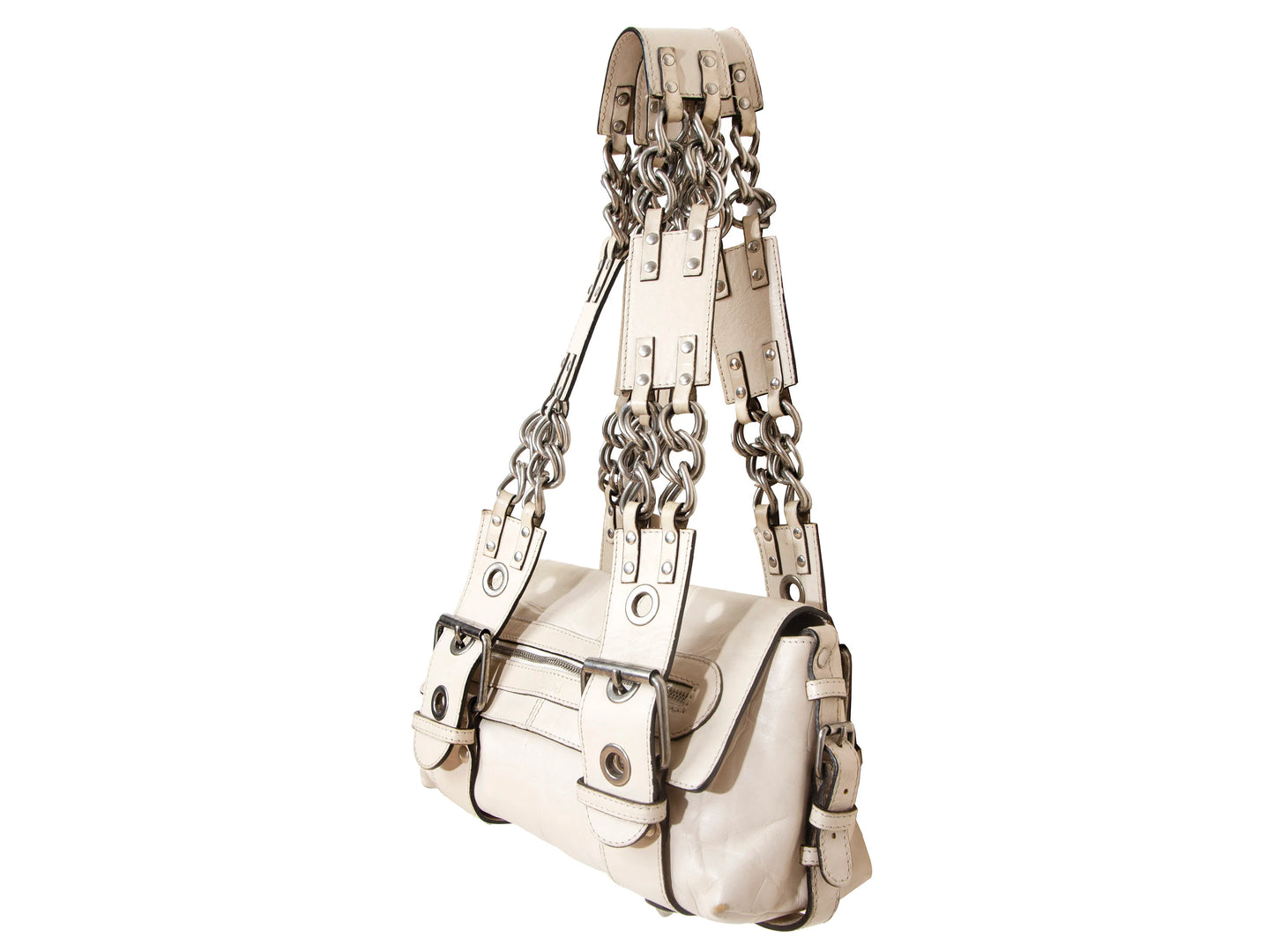 Vintage Chloé off white embossed leather chain strap bag / 2004 Chloé leather and oversized chains bag / Made in Italy
