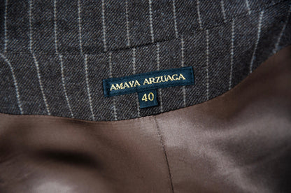 90s Amaya Arzuaga avant garde brown striped coat / Deformed raw edge long wool jacket / Made in Spain