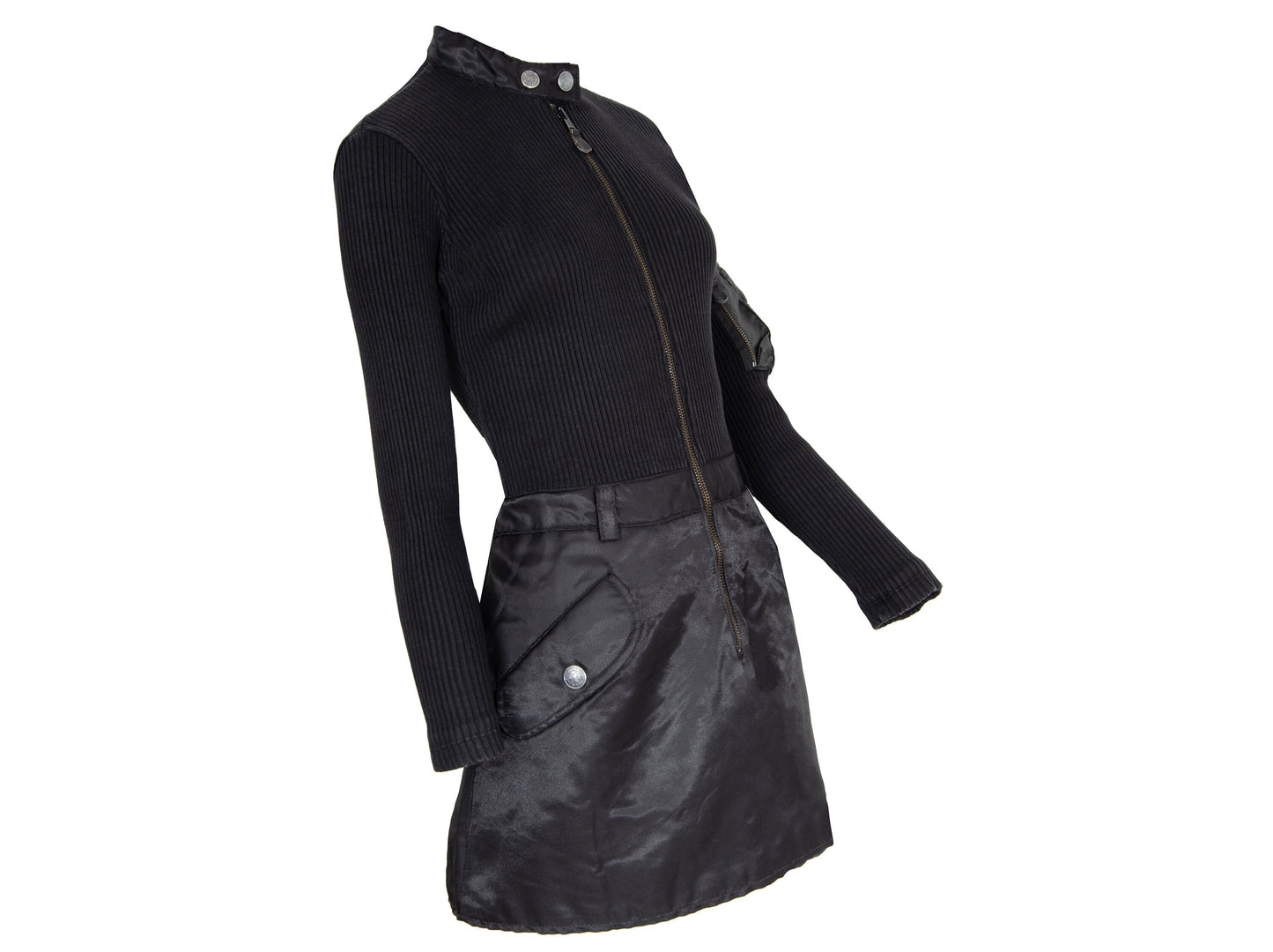 90s Jean Paul Gaultier long sleeves cargo pockets sweater dress / 1990s Gaultier black knit and nylon multi pockets mock neck tunic