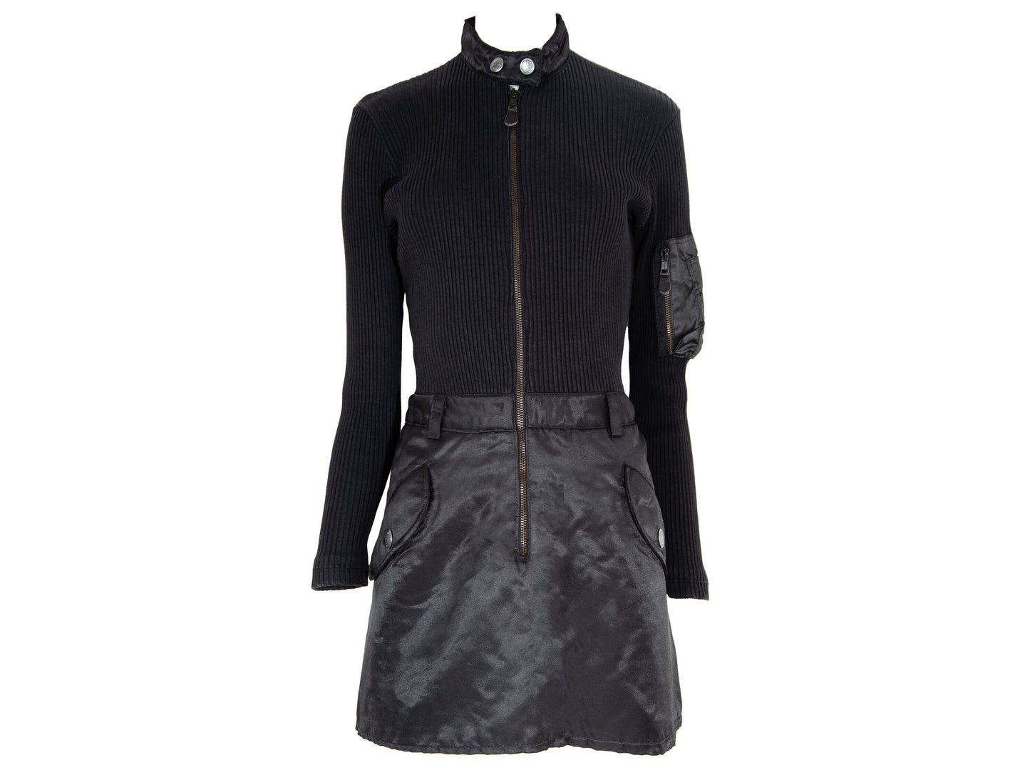 90s Jean Paul Gaultier long sleeves cargo pockets sweater dress / 1990s Gaultier black knit and nylon multi pockets mock neck tunic