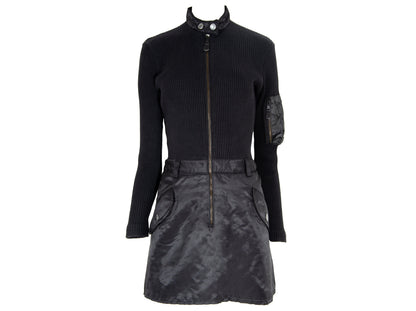 90s Jean Paul Gaultier long sleeves cargo pockets sweater dress / 1990s Gaultier black knit and nylon multi pockets mock neck tunic