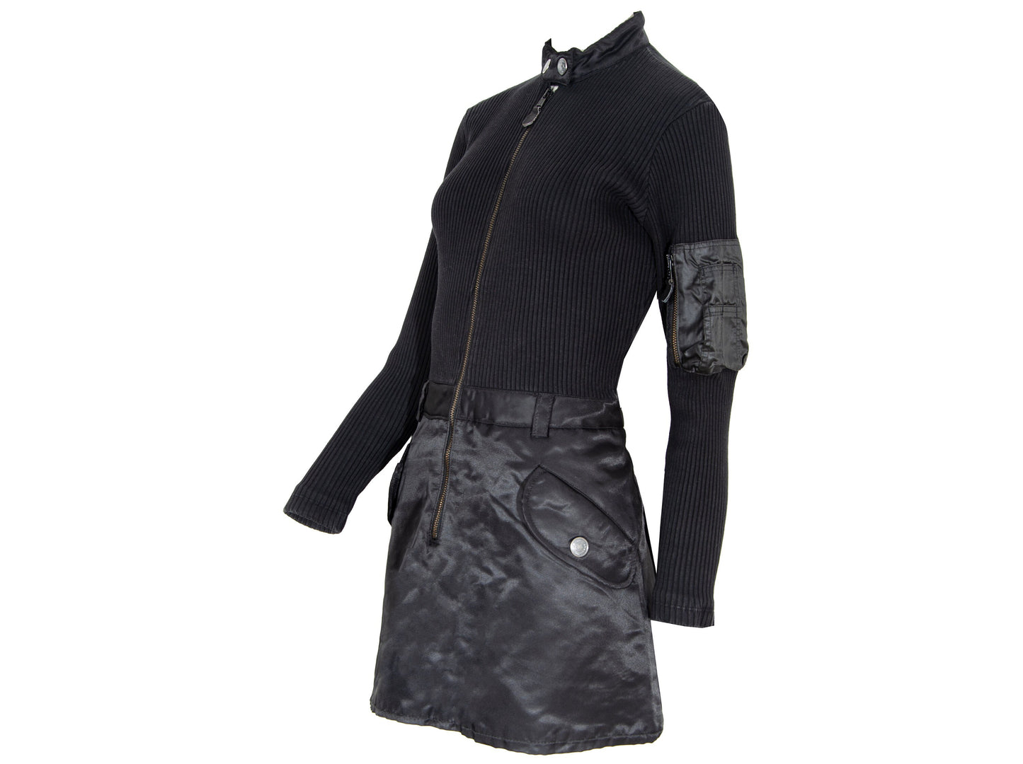 90s Jean Paul Gaultier long sleeves cargo pockets sweater dress / 1990s Gaultier black knit and nylon multi pockets mock neck tunic