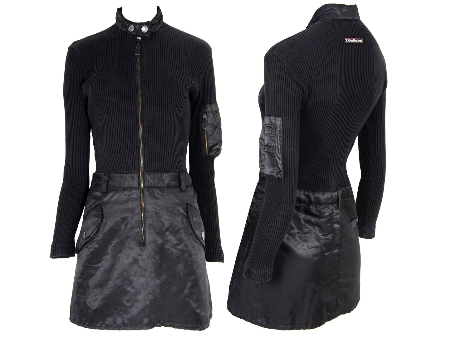 90s Jean Paul Gaultier long sleeves cargo pockets sweater dress / 1990s Gaultier black knit and nylon multi pockets mock neck tunic