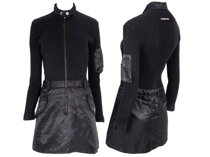 90s Jean Paul Gaultier long sleeves cargo pockets sweater dress / 1990s Gaultier black knit and nylon multi pockets mock neck tunic