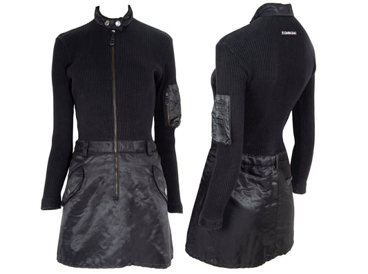90s Jean Paul Gaultier long sleeves cargo pockets sweater dress / 1990s Gaultier black knit and nylon multi pockets mock neck tunic