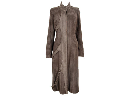 90s Amaya Arzuaga avant garde brown striped coat / Deformed raw edge long wool jacket / Made in Spain