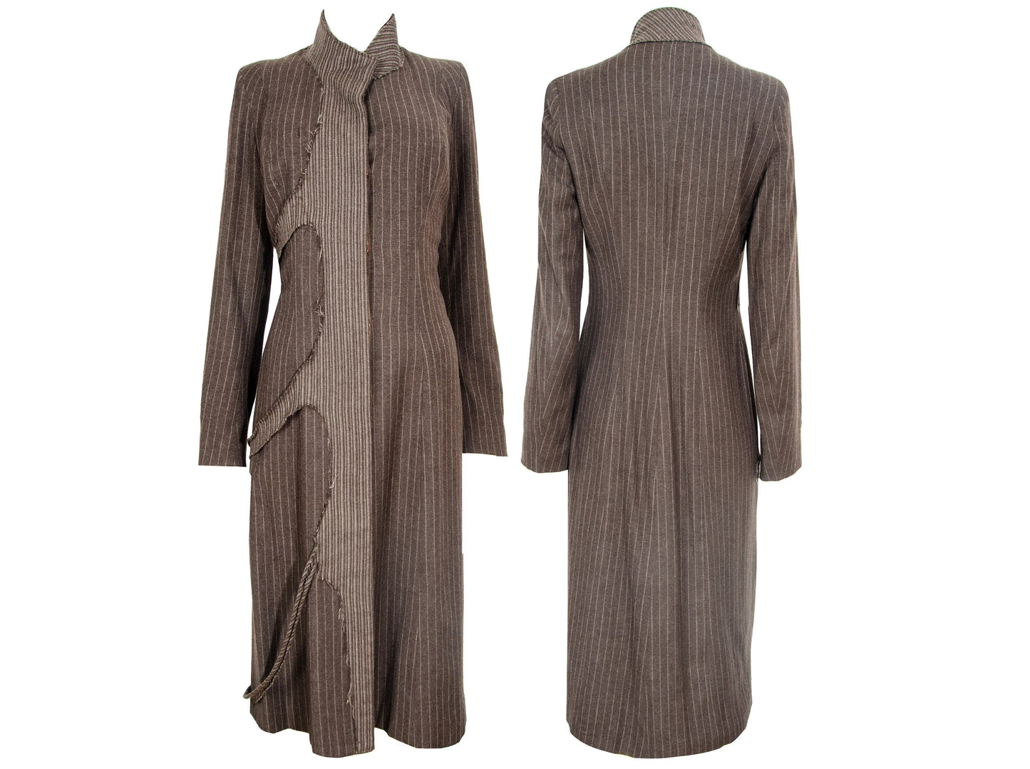 90s Amaya Arzuaga avant garde brown striped coat / Deformed raw edge long wool jacket / Made in Spain