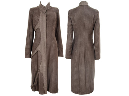 90s Amaya Arzuaga avant garde brown striped coat / Deformed raw edge long wool jacket / Made in Spain