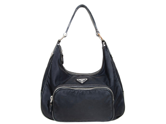 90s Prada black nylon and leather shoulder bag
