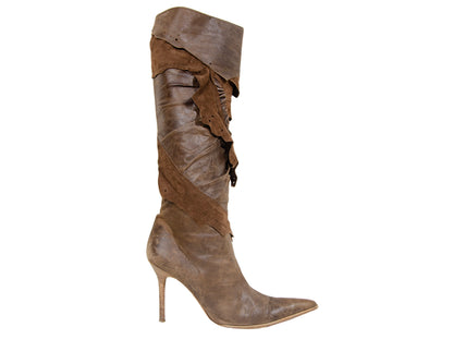 2000s Plein Sud leather patchwork pointed toe boots / Plein Sud raw edge natural leather stiletto tall boots / Made in Italy
