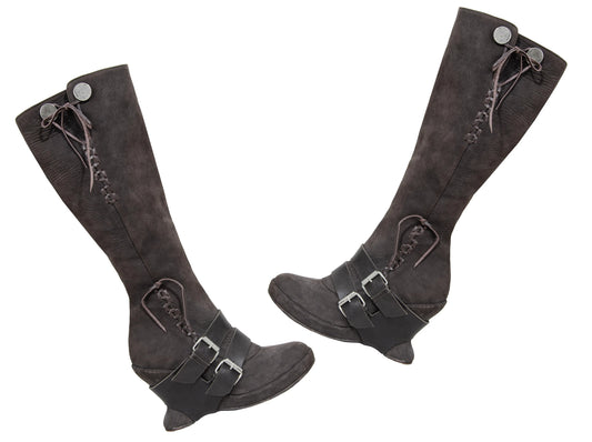 F/W 2005 Marithé + François Girbaud harness leather boots / MFG brown leather asymmetrical wedge heel tall boots / Made in Italy
