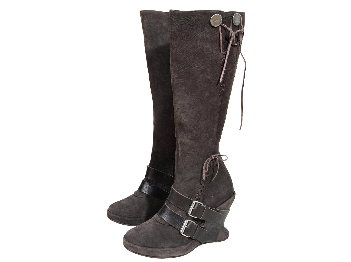 F/W 2005 Marithé + François Girbaud harness leather boots / MFG brown leather asymmetrical wedge heel tall boots / Made in Italy