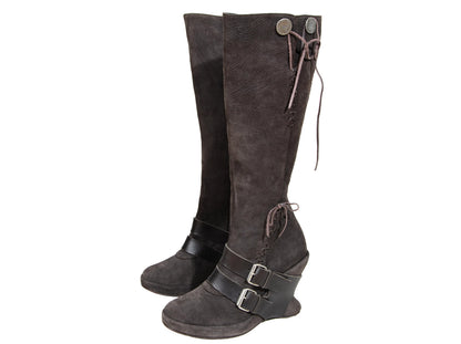 F/W 2005 Marithé + François Girbaud harness leather boots / MFG brown leather asymmetrical wedge heel tall boots / Made in Italy