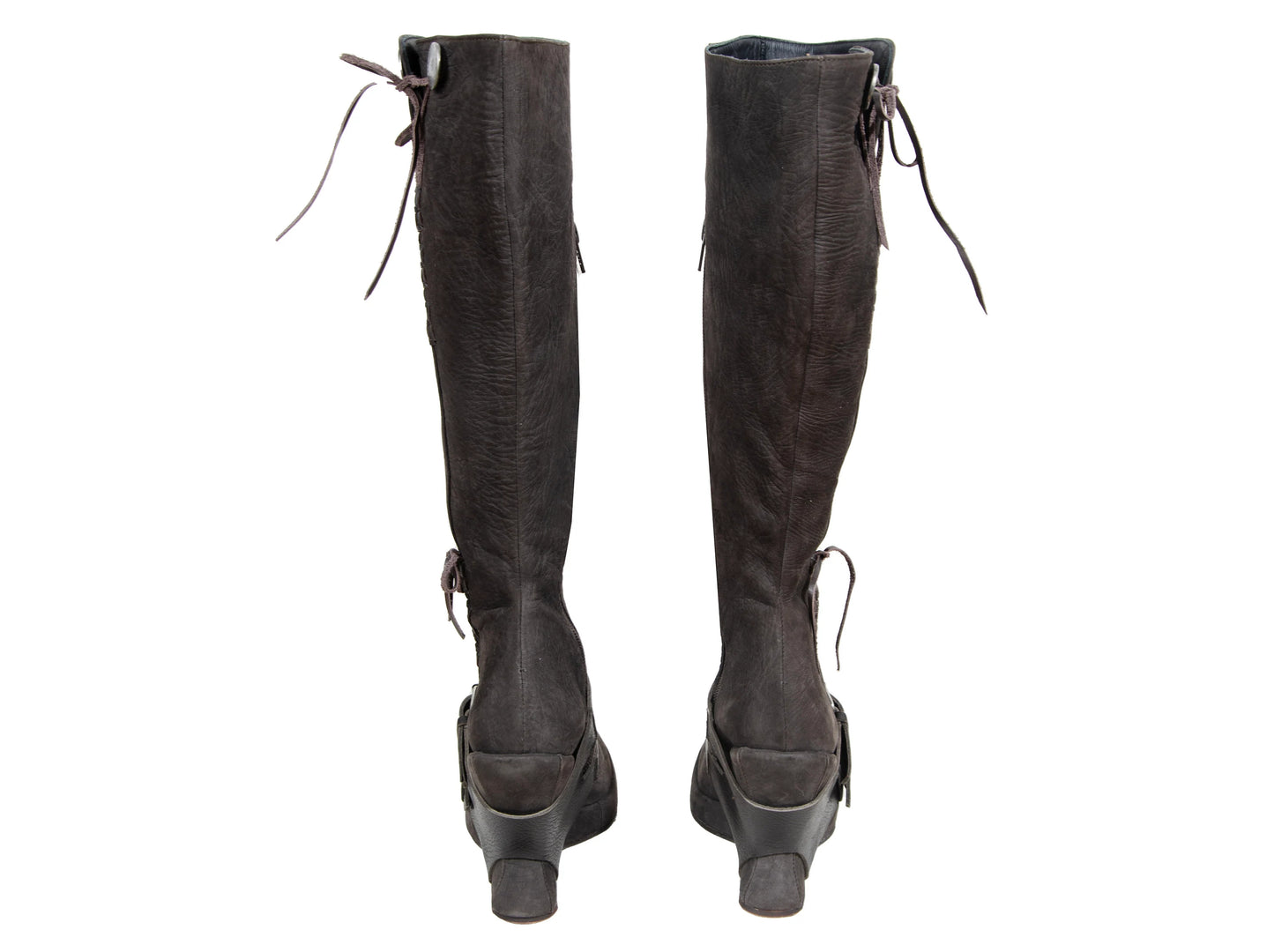 F/W 2005 Marithé + François Girbaud harness leather boots / MFG brown leather asymmetrical wedge heel tall boots / Made in Italy