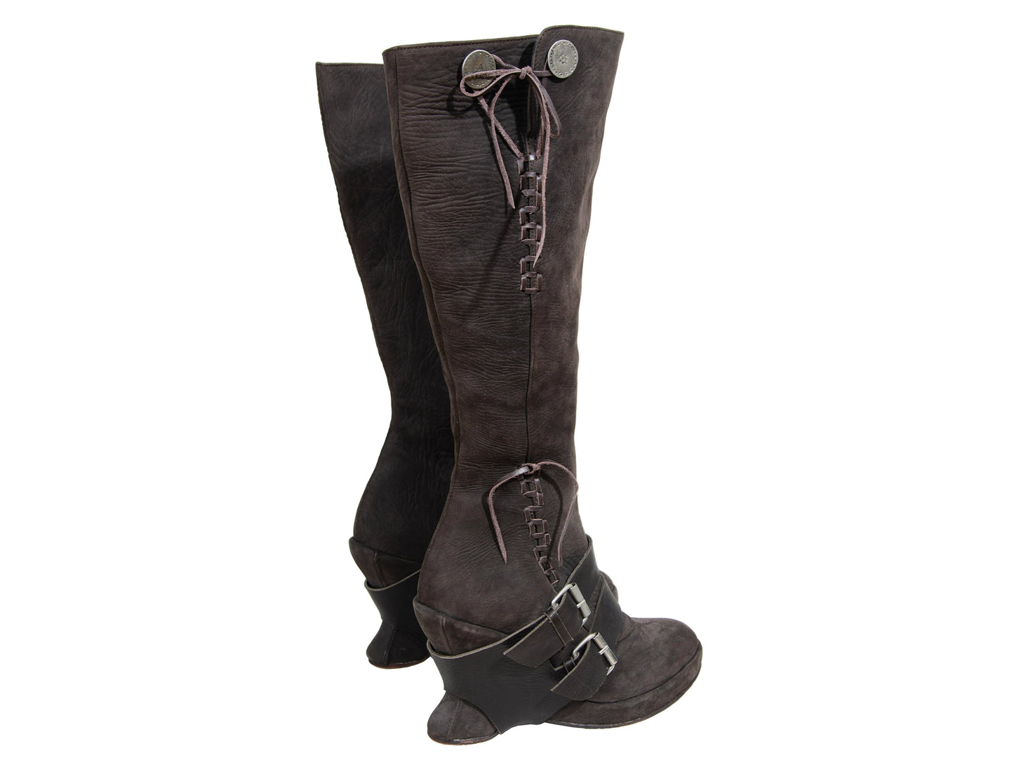F/W 2005 Marithé + François Girbaud harness leather boots / MFG brown leather asymmetrical wedge heel tall boots / Made in Italy